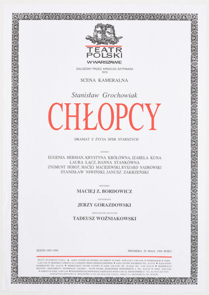 Zadrukowany tekstem plakat z czerwonym tytułem spektaklu i logotypem Teatru Polskiego w Warszawie.