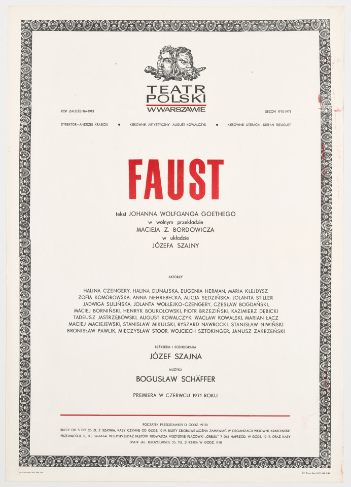 Zadrukowany tekstem plakat z czerwonym tytułem spektaklu i logotypem Teatru Polskiego w Warszawie.