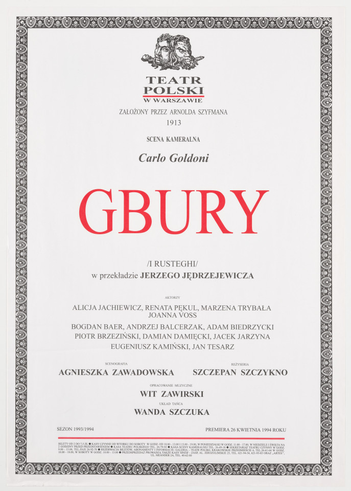 Zadrukowany tekstem plakat z czerwonym tytułem spektaklu i logotypem Teatru Polskiego w Warszawie.