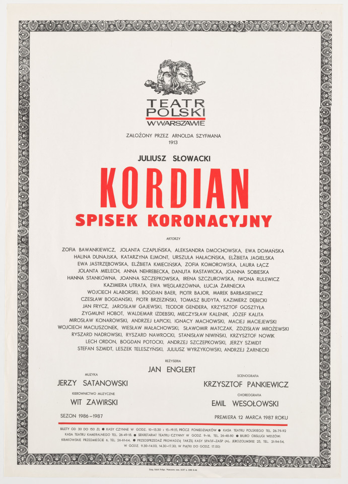 Zadrukowany tekstem plakat z czerwonym tytułem spektaklu i logotypem Teatru Polskiego w Warszawie.