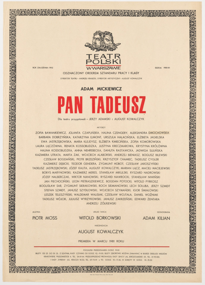 Zadrukowany tekstem plakat z czerwonym tytułem spektaklu i logotypem Teatru Polskiego w Warszawie.