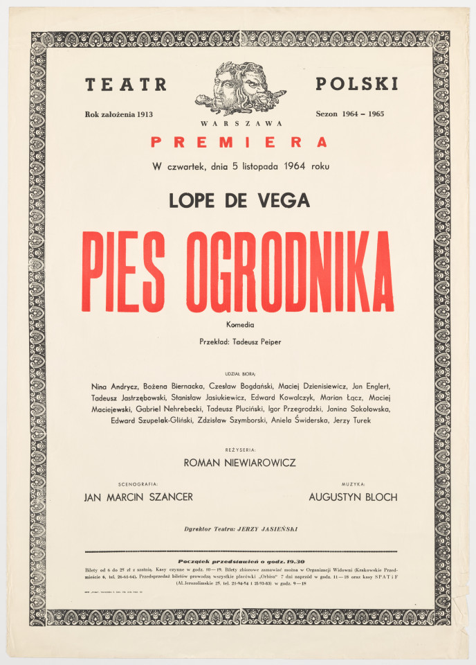 Zadrukowany tekstem plakat z czerwonym tytułem spektaklu i logotypem Teatru Polskiego w Warszawie.