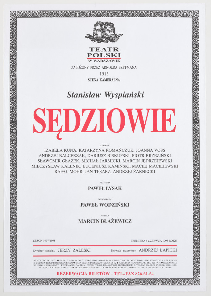 Zadrukowany tekstem plakat z czerwonym tytułem spektaklu i logotypem Teatru Polskiego w Warszawie.
