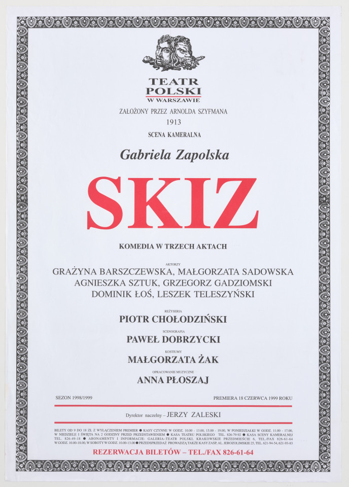 Zadrukowany tekstem plakat z czerwonym tytułem spektaklu i logotypem Teatru Polskiego w Warszawie.