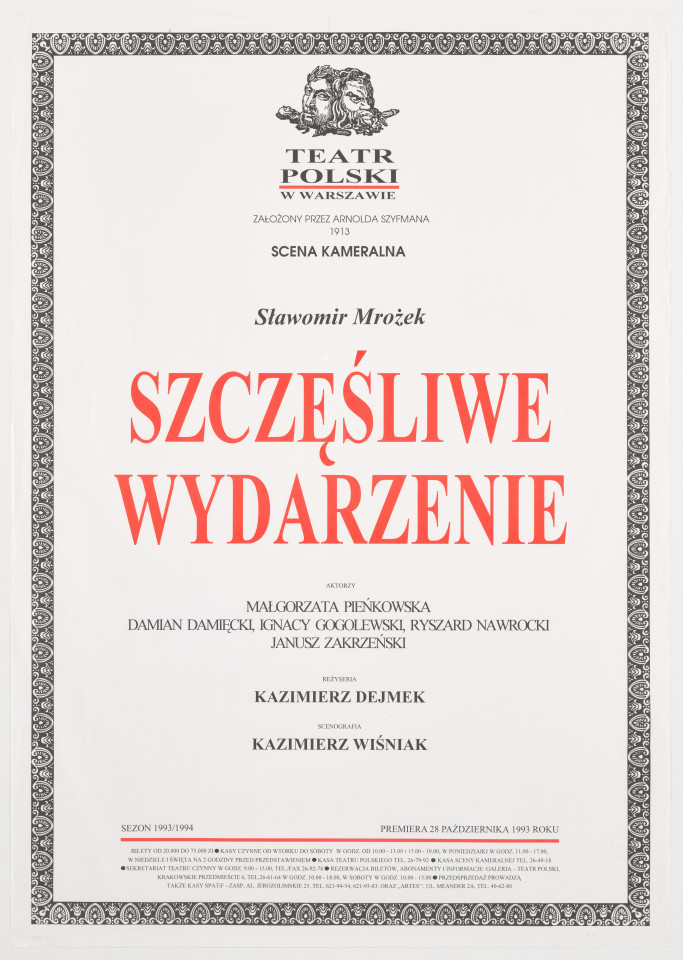 Zadrukowany tekstem plakat z czerwonym tytułem spektaklu i logotypem Teatru Polskiego w Warszawie.