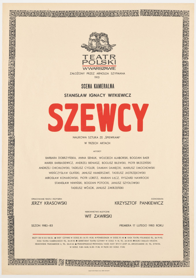 Zadrukowany tekstem plakat z czerwonym tytułem spektaklu i logotypem Teatru Polskiego w Warszawie.