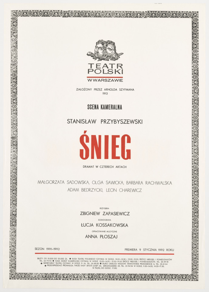 Zadrukowany tekstem plakat z czerwonym tytułem spektaklu i logotypem Teatru Polskiego w Warszawie.
